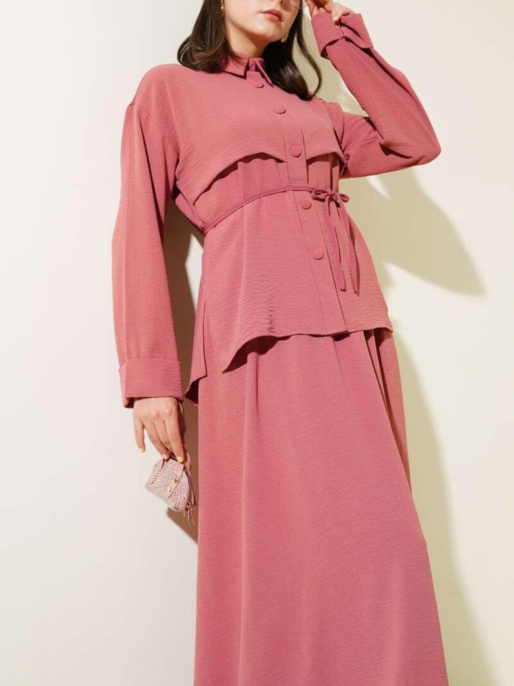 Two-Piece Modest Dusty Rose Belted Top Maxi Skirt Set L/XL Coordinated Outfit - Picture 2 of 7